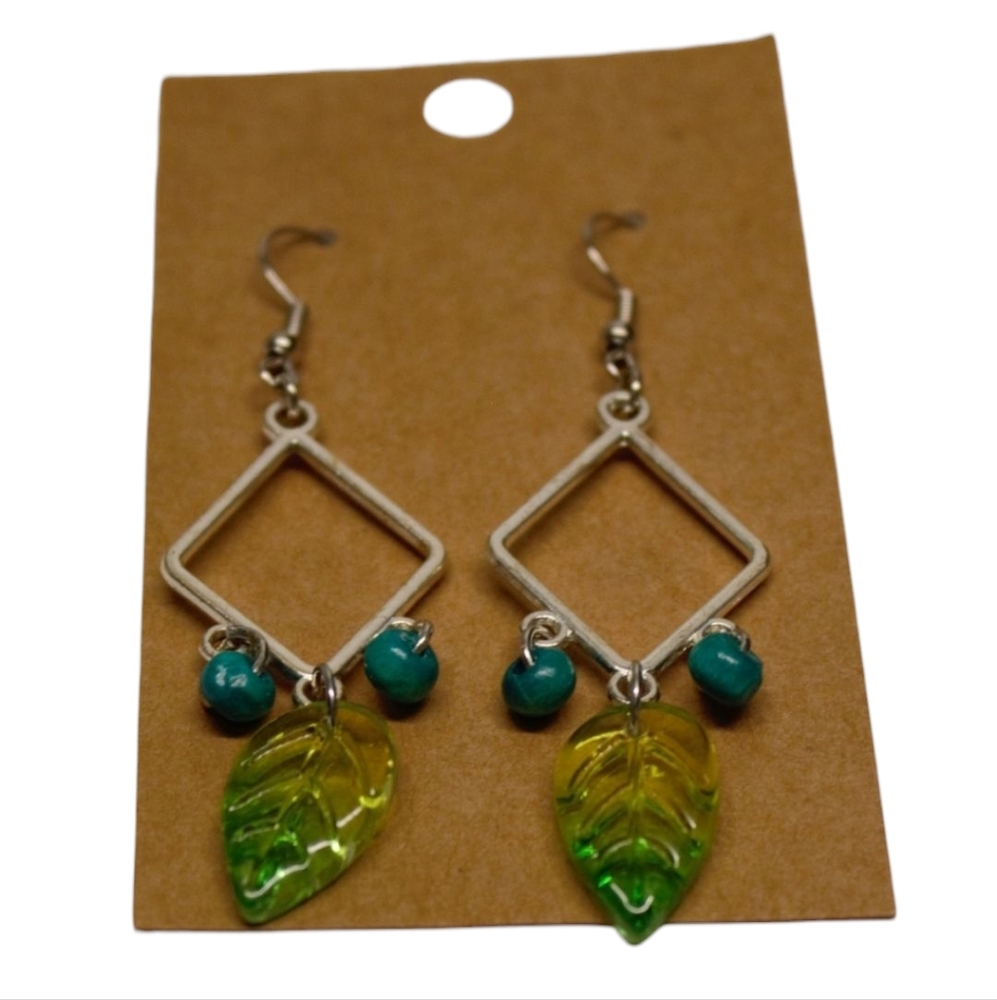 Handmade Silver and Green Leaf Dangle Earrings -Hypoallergenic